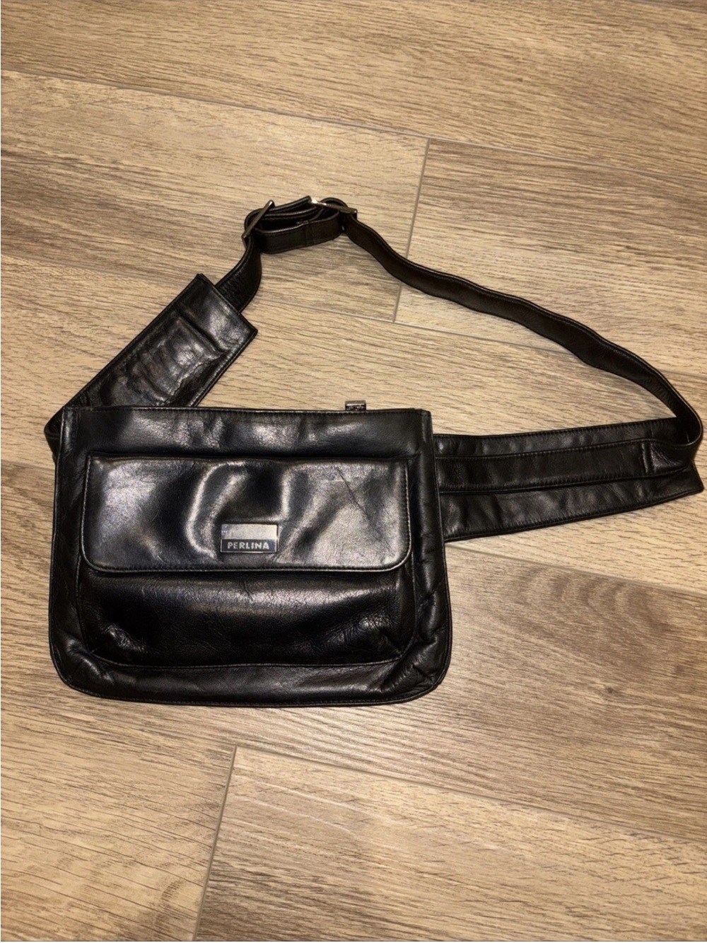 Perlina Vintage Black Leather Waist/Crossbody Belt Bag